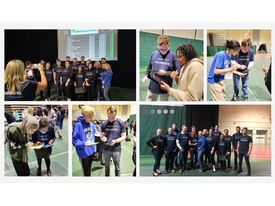a grouping of photos of JP Morgan Chase volunteers with students